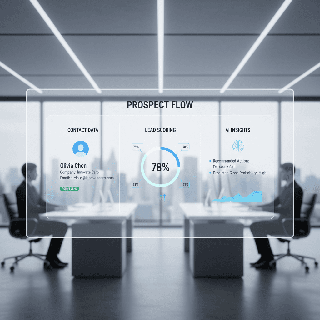 Modern CRM interface displaying prospect management tools and AI insights.