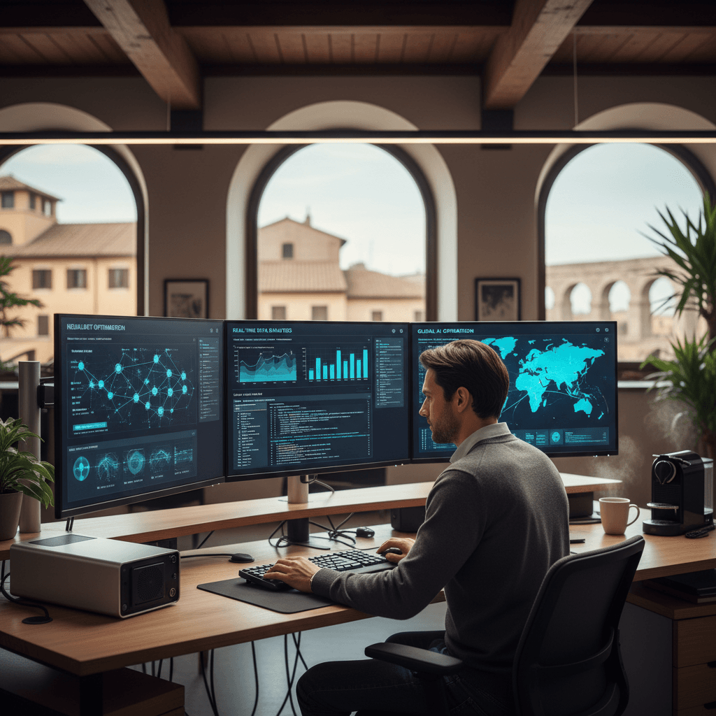 Engineer monitoring AI automation systems on multiple displays