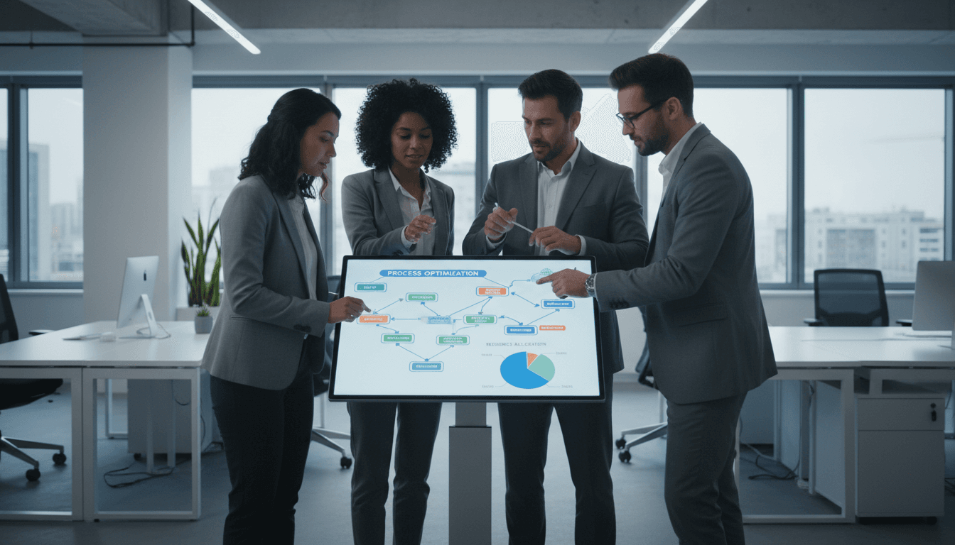 Team che analizza diagrammi di flusso su un tablet in un ufficio moderno