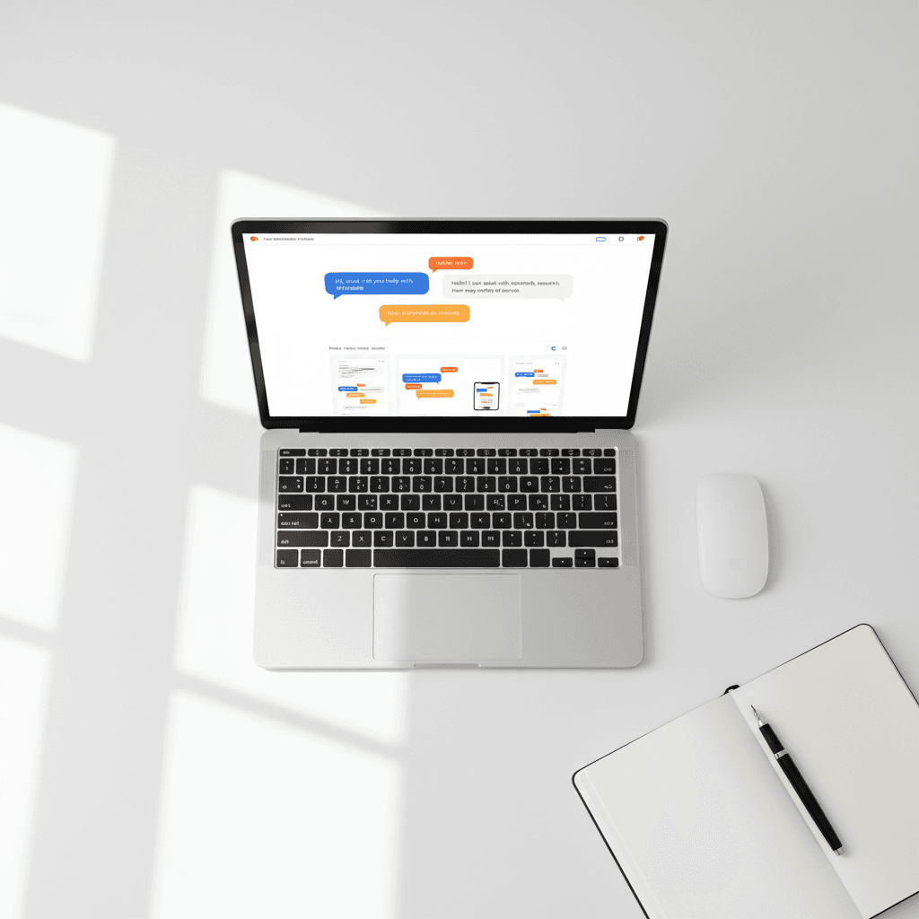 Laptop screen displaying friendly AI chatbot conversational interface with chat bubbles and response options