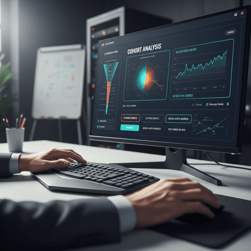Close-up of hands manipulating advanced analytics dashboard with retention curves and funnel visualizations