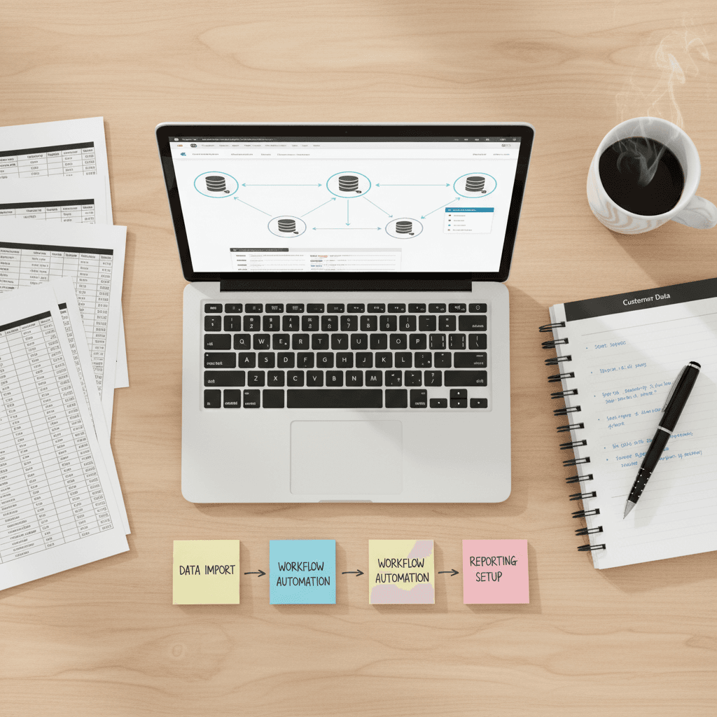 Overhead view of organized workspace with laptop showing CRM dashboard surrounded by implementation notes and data sheets