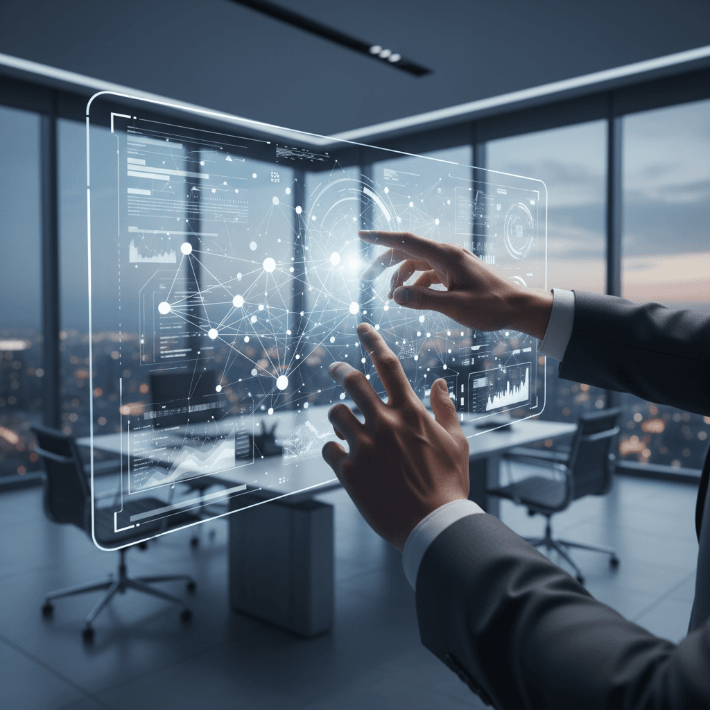 Strategist hands interacting with holographic AI interface display showing data visualization in modern office with city skyline view