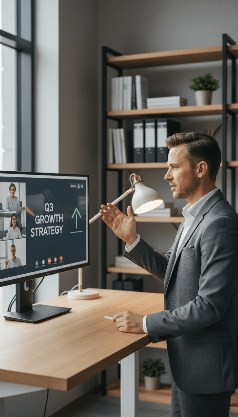 Sales professional in video call with confident gestures, monitor displaying conference interface in modern office workspace